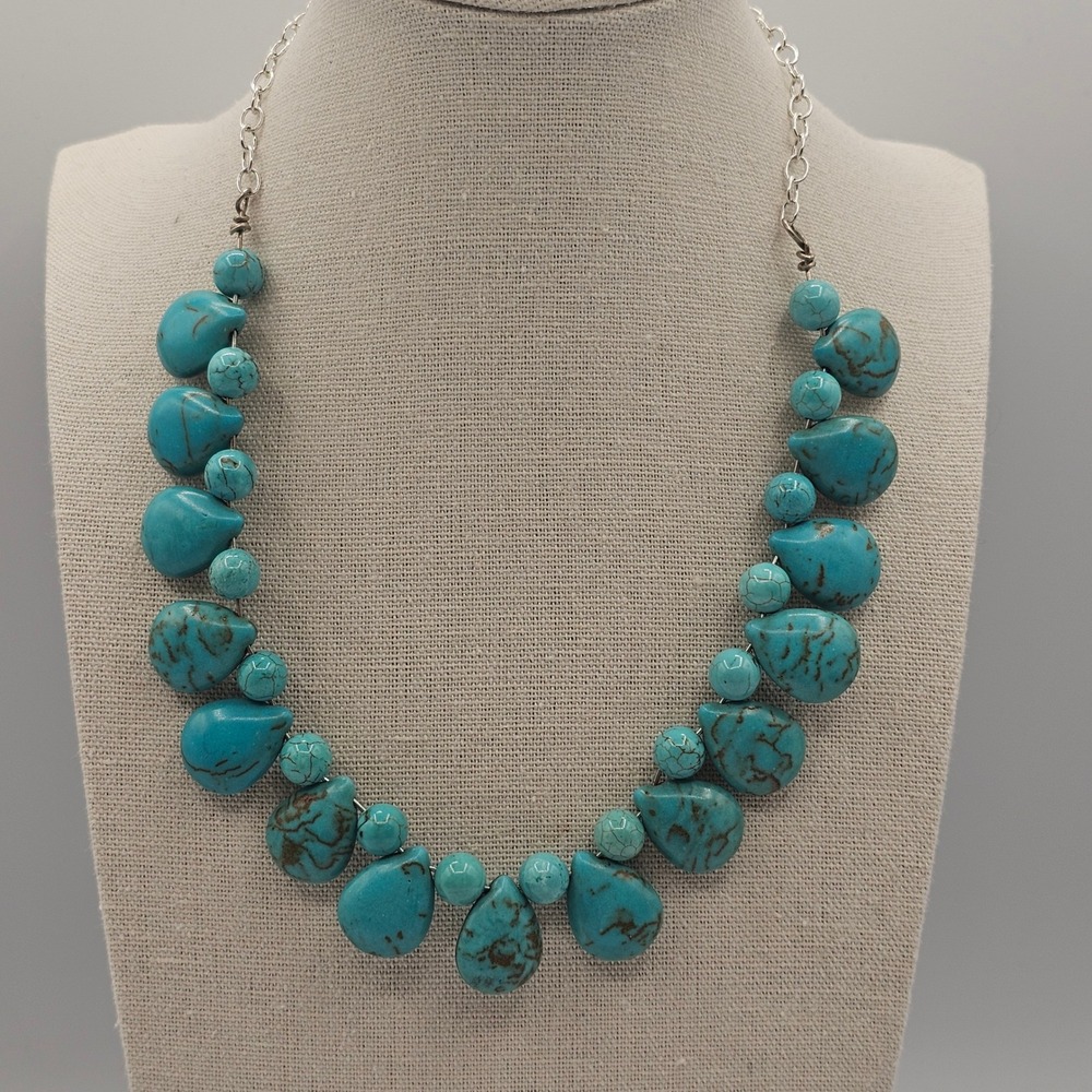Faux Turquoise Teardrop Necklace 17" Boho Chic Southwestern